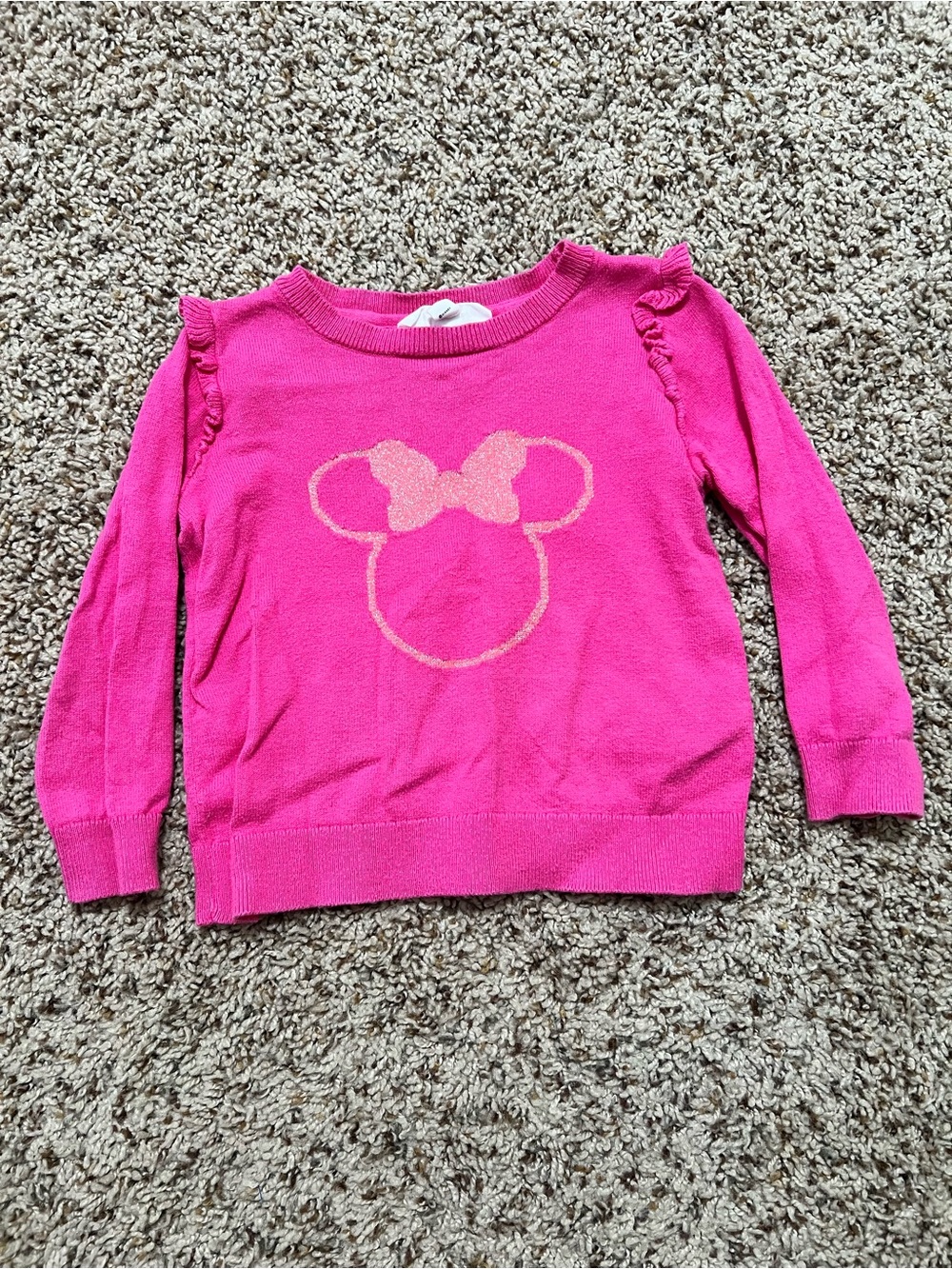 Disney Toddler Girl Hot Pink Minnie Mouse Knit Sweater Ruffle Shoulders Size 3
